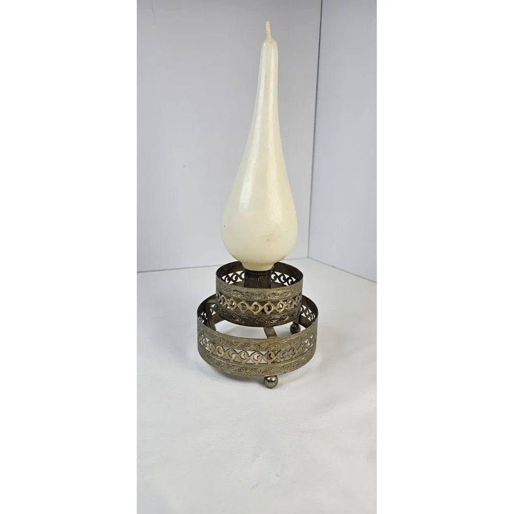 Vintage Brass Tone Pierced Scrollwork Filigree-Style‎ Taper Candle Holder 4.25
